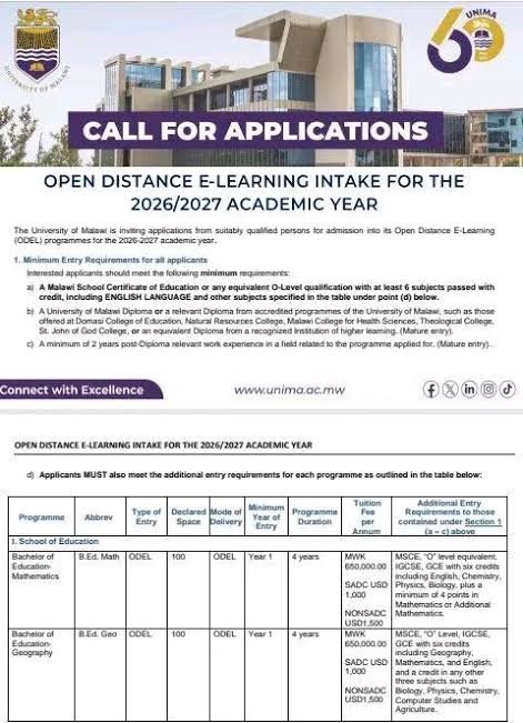 UNIMA ODeL Programmes: Courses, Entry Requirements and How to Apply